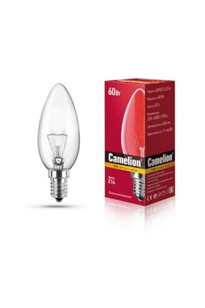 MIC Camelion 60/B/CL/E14 ვარვარა ნათურა  60 ვატი 660 ლუმენი  1000 საათი  В35  ზომა 104х35