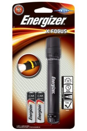Energizer X-Focus LED 2AA (included): 50 lumen, 45h, 45m beam, 1m drop